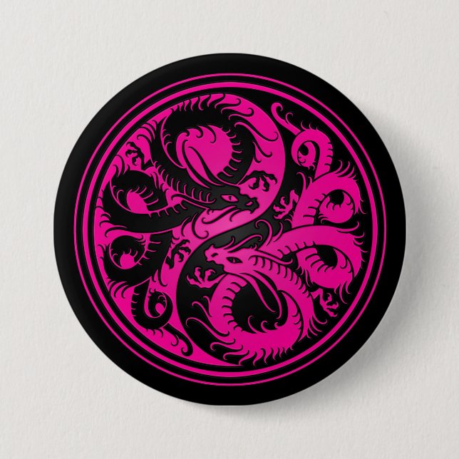 Rosa und schwarze Yin Yang Chinese-Drachen Button (Vorderseite)