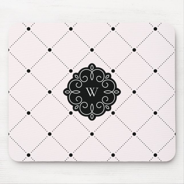 Rosa und schwarzer Diamant-Punkt-Muster-Monogramm Mousepad (Vorne)