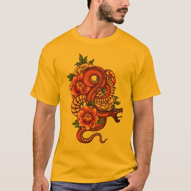 Rosa und Schwarzer Florendrache auf T-Shirt (Vorderseite)