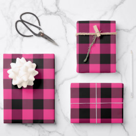Rosa und schwarzer Gingham Karo Kariert Geschenkpapier Set