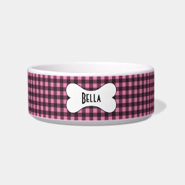 Rosa und schwarzer Gingham mit dem Namen "Dog Bone Napf