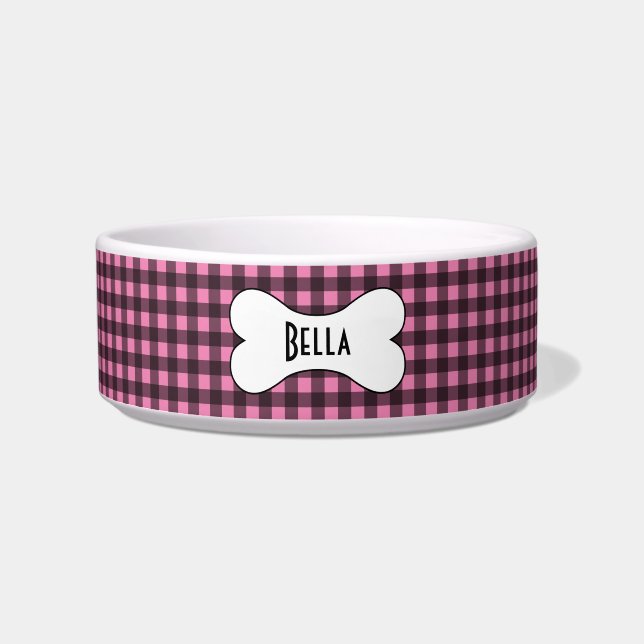 Rosa und schwarzer Gingham mit dem Namen "Dog Bone Napf (Vorderseite)