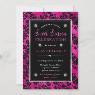 Rosa und schwarzer Glitter-Blumendamask Sweet 16 Einladung