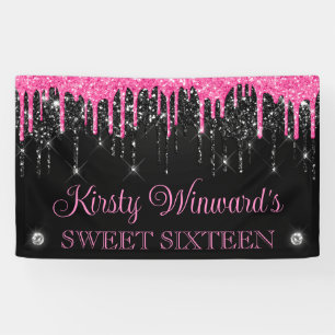 Rosa und schwarzer Glitzer 16 . Geburtstag Banner