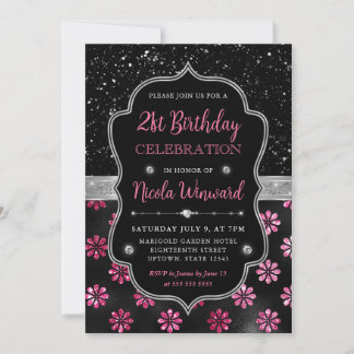 Rosa und schwarzer Glitzer Blume 21. Geburtstag Einladung