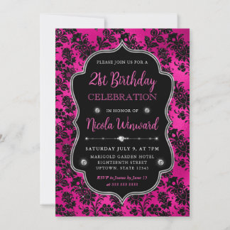 Rosa und schwarzer Glitzer Blume Damask 21. Geburt Einladung