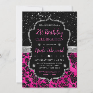 Rosa und schwarzer Glitzer BlumenDamaskus 21. Gebu Einladung