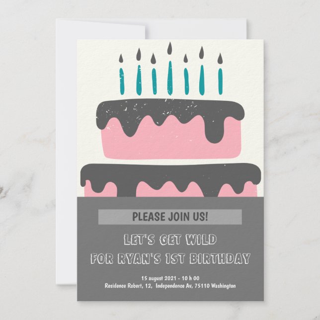 Rosa und schwarzer Kuchen 1. Geburtstag Einladung (Vorderseite)