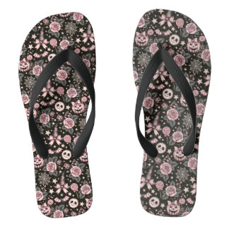 Rosa und schwarzer Kürbis, Web- und Rosenmuster Flip Flops