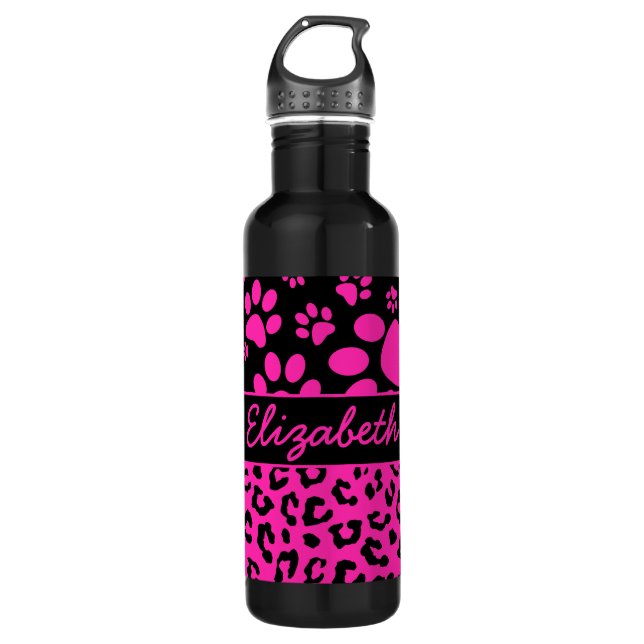 Rosa und schwarzer Leopard-Druck und Tatzen Trinkflasche (Vorderseite)