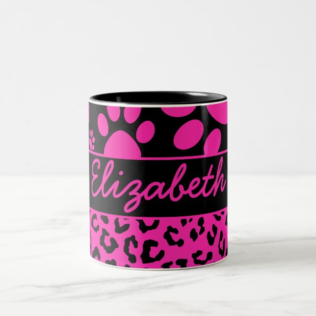 Rosa und schwarzer Leopard-Druck und Tatzen Zweifarbige Tasse (Mittel)