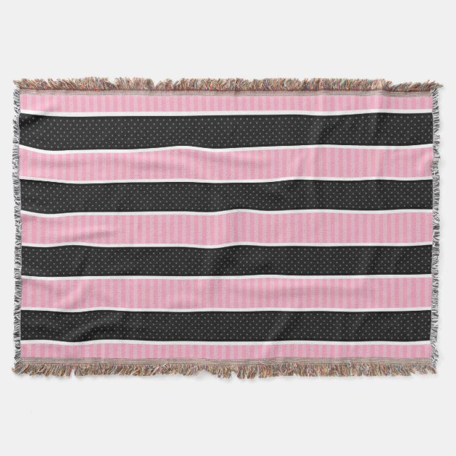 Rosa und schwarzer Tupfen Stripes Muster Decke (Vorderseite)
