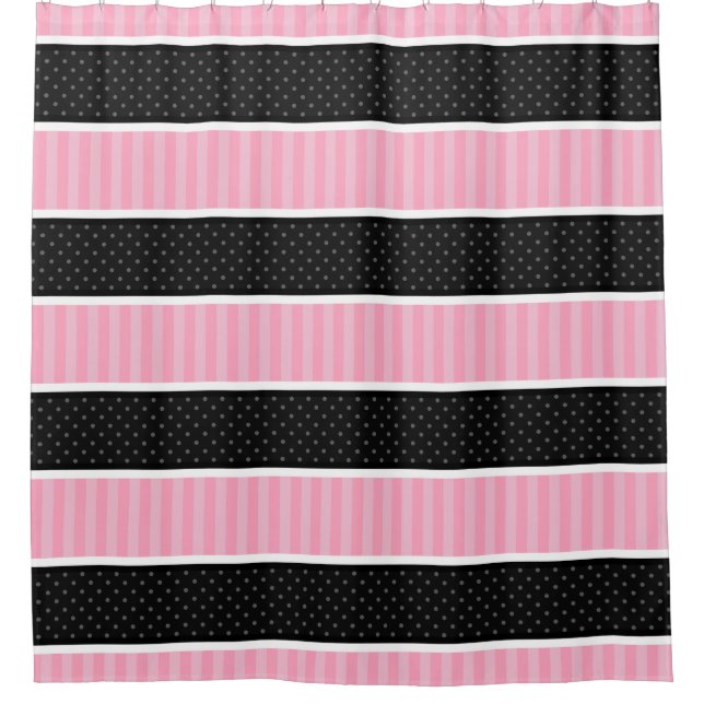 Rosa und schwarzer Tupfen Stripes Muster Duschvorhang (Vorderseite)