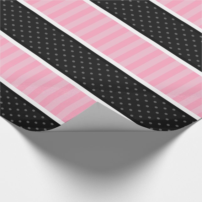 Rosa und schwarzer Tupfen Stripes Muster Geschenkpapier (Ecke)