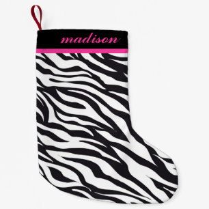 Rosa und schwarzer Zebra-Druck-Monogramm-Strumpf Kleiner Weihnachtsstrumpf