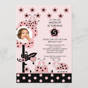 Rosa und Schwarzes FOTO Ladybug Geburtstagseinladu Einladung