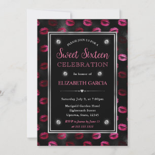 Rosa und schwarzes Glitter-Lippen-Muster Sweet Six Einladung