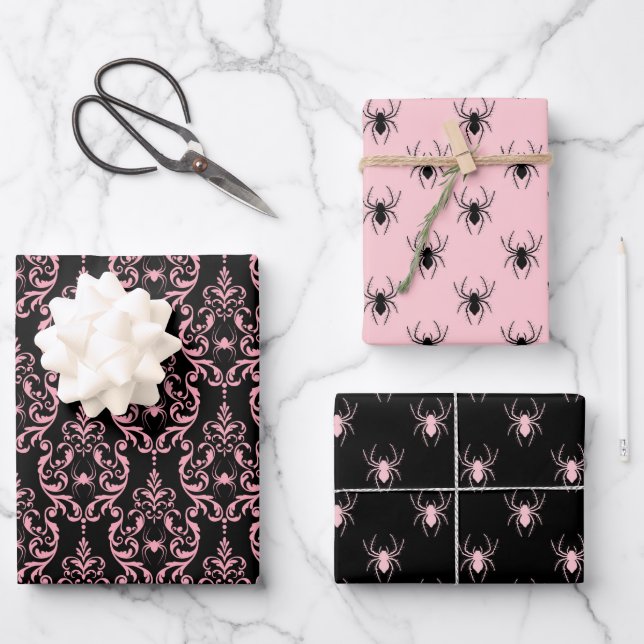 Rosa und Schwarzes Halloween Geschenkpapier Set (Vorderseite)