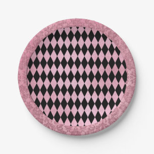 Rosa und schwarzes Harlekin- und Damastmuster Pappteller