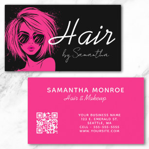 Rosa und schwarzes modernes Glam-Haar-QR-Code Visitenkarte