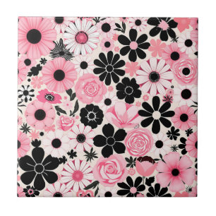 Rosa und schwarzes Retro-Blumenmuster Fliese