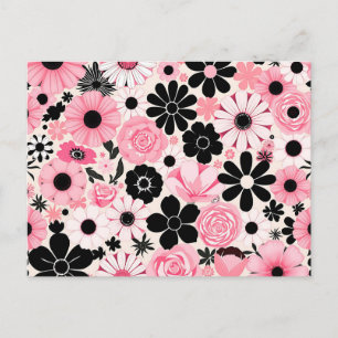 Rosa und schwarzes retro botanisches Blumenmuster Postkarte