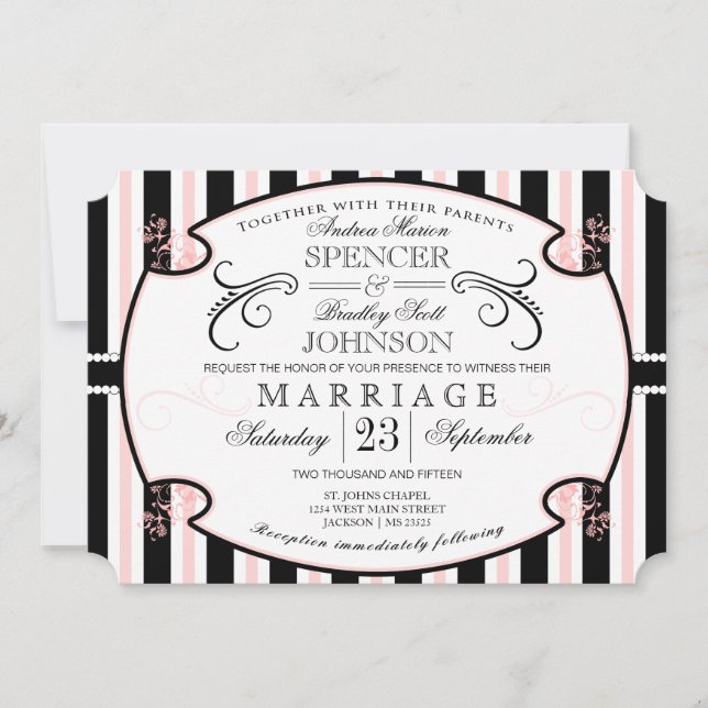 Rosa und Schwarzes Striped Typografie-Hochzeit Einladung (Vorderseite)