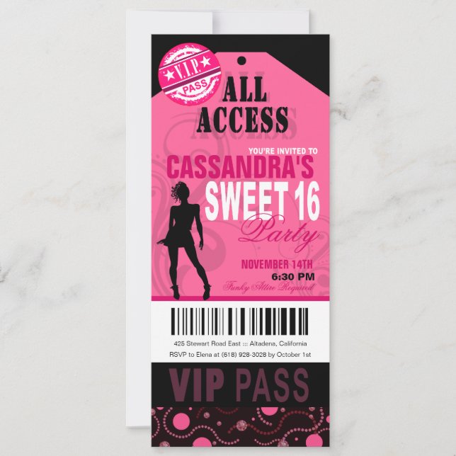 Rosa und schwarzes VIP Sweet 16 Ticket Party Einladung (Vorderseite)