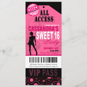 Rosa und schwarzes VIP Sweet 16 Ticket Party Einladung