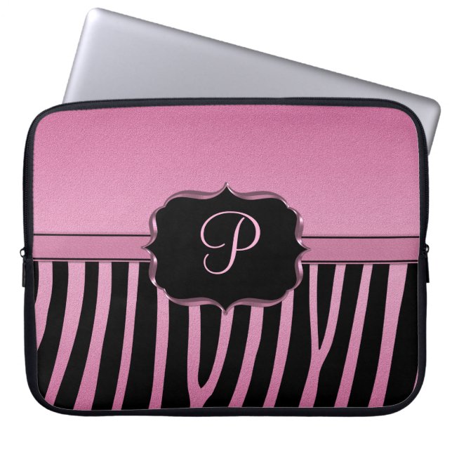 Rosa und schwarzes Zebra-Monogramm Laptopschutzhülle (Vorderseite)