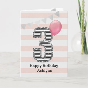 Rosa und Silber Glitter 3. Geburtstag Karte