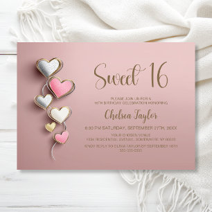 Rosa und Silber Herz-Thema Sweet 16 Geburtstag Einladung