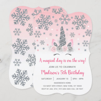 Rosa und Silber Winter Einhorn Magischer Geburtsta Einladung