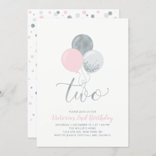 Rosa und Silberballons Mädchen 2. Geburtstag Par Einladung