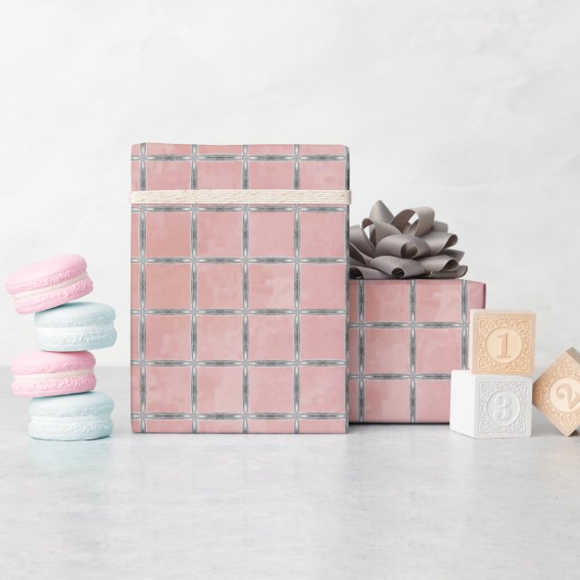 Rosa und Silbergraues Gitter Geschenkpapier (Babyparty)