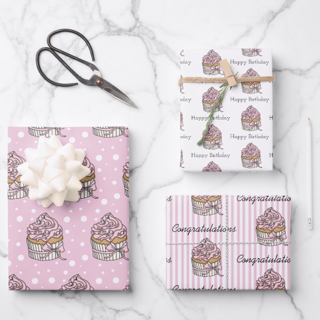 Rosa und silberne Cupcakes Geschenkpapier Set (Vorderseite)