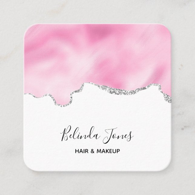 Rosa und silberne Imitate Glitzer Border Stilvoll Quadratische Visitenkarte (Vorderseite)