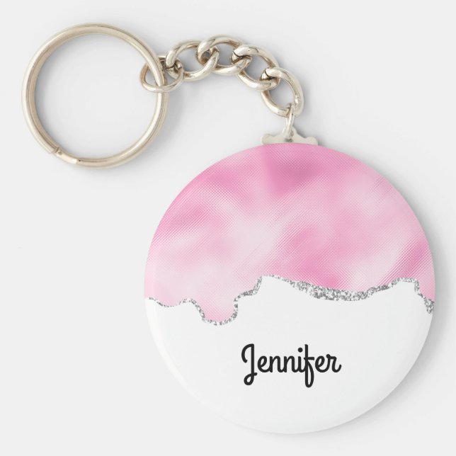 Rosa und silberne Imitate Glitzer Border Stilvoll Schlüsselanhänger (Vorne)