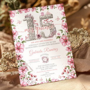 Rosa und Silberne Tiara Mis Quince Quinceañera Einladung