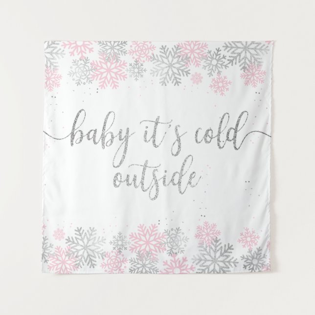 Rosa und Silberne Winterschneeflocken Wandteppich (Vorderseite)