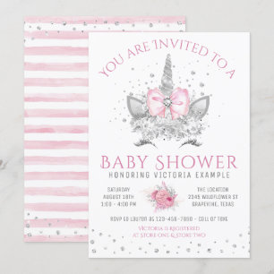 Rosa und silberner Diamant-Einhorn-Baby-Party Einladung