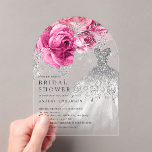 Rosa und silbernes Brautparty für Hochzeitskleidun Acryleinladungen