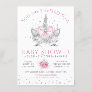 Rosa und silbernes Diamant-Einhorn-Baby-Party Einladung