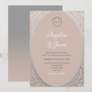 Rosa und Silbernes Monogramm-Hochzeitseinladung Einladung