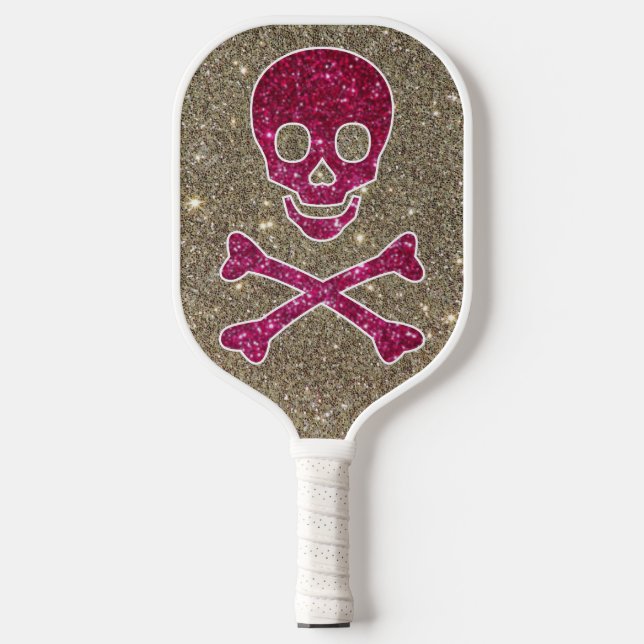 Rosa und Silberschädel Glitzer Hübsch Streng Cool Pickleball Schläger (Vorderseite)