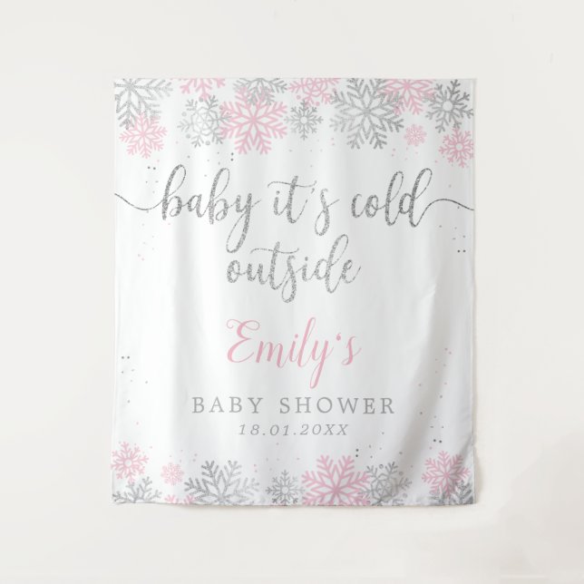 Rosa und Silberschneeflocken Girl Baby Dusche Wandteppich (Vorderseite)