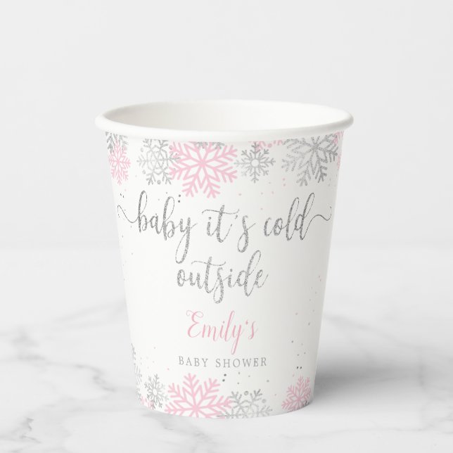 Rosa und Silberschneeflocken Winter Girl Babydusch Pappbecher (Vorderseite)