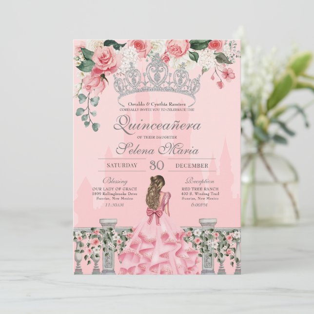 Rosa und Silver Royal Princess Quinceanera Einladung (Stehend Vorderseite)