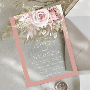Rosa und Staubrose-Rand Florale Hochzeit Acryleinladungen