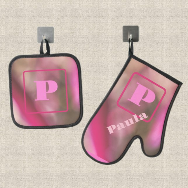 Rosa und Taupe Camouflage Abstrakt Chic Mit Monogr Ofenhandschuh & Topflappen-Set (Von Creator hochgeladen)